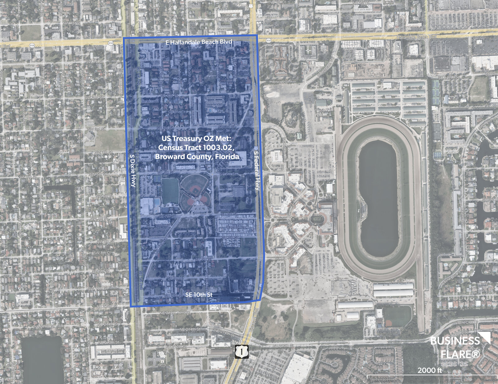 Opportunity Zone Census Tract 1003.02 along the South Federal Highway / US-1 corridor through downtown Hallandale Beach. BusinessFlare®.
